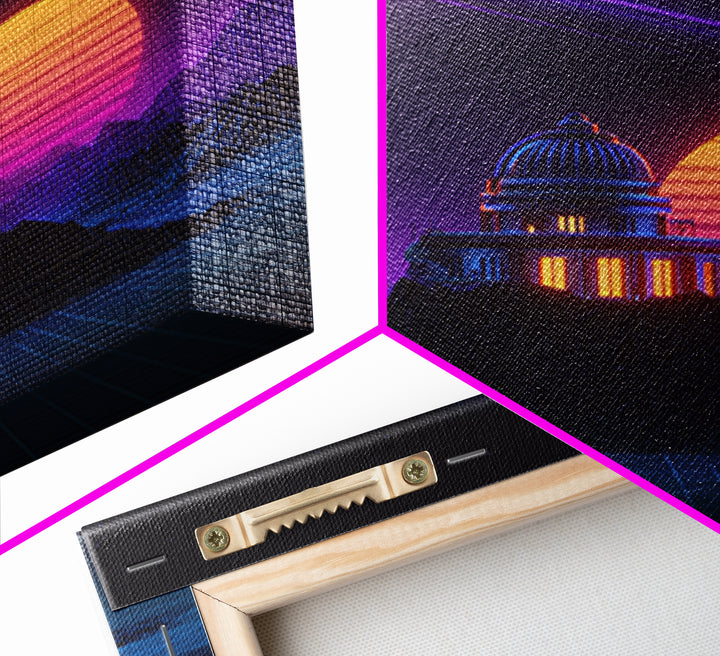 Retro Futuristic Observatory Space Landscape Wall Art, Neon Planet Sci Fi Canvas Print, Vaporwave Decor For Gaming Room