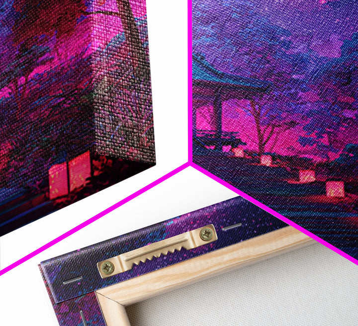 Neon Garden Lantern Path Under Starry Sky Wall Art, Dreamy Japanese Landscape Canvas Print, Aesthetic Room Decor