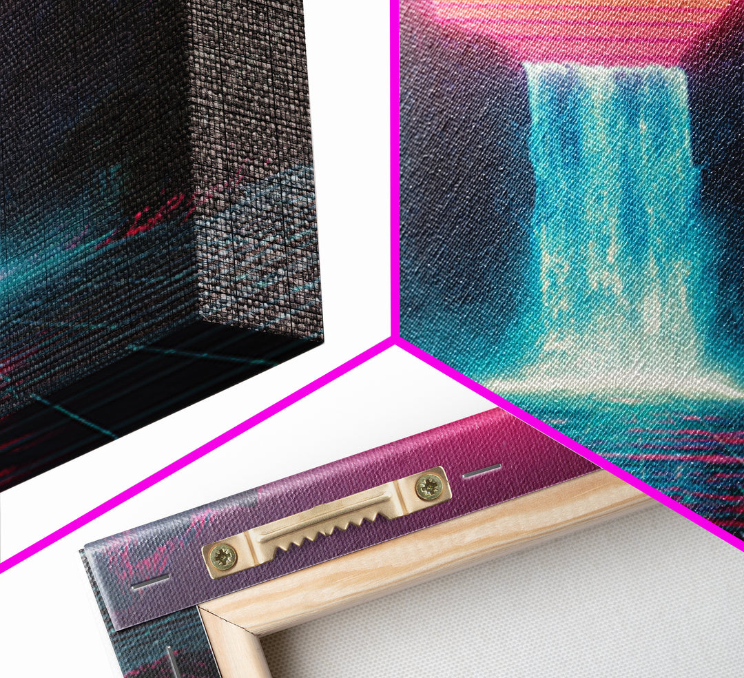 Neon Waterfall Sunset Sci Fi Landscape Wall Art Retro Futuristic Mountain Canvas Print For Gaming Room Modern Home Decor