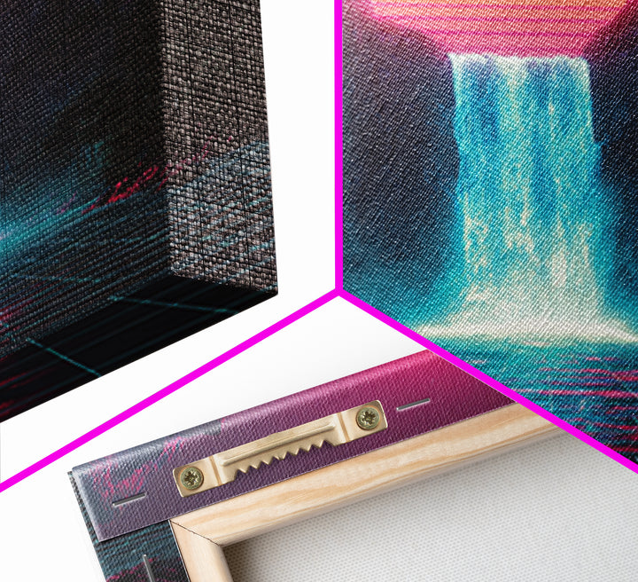 Neon Waterfall Sunset Sci Fi Landscape Wall Art Retro Futuristic Mountain Canvas Print For Gaming Room Modern Home Decor