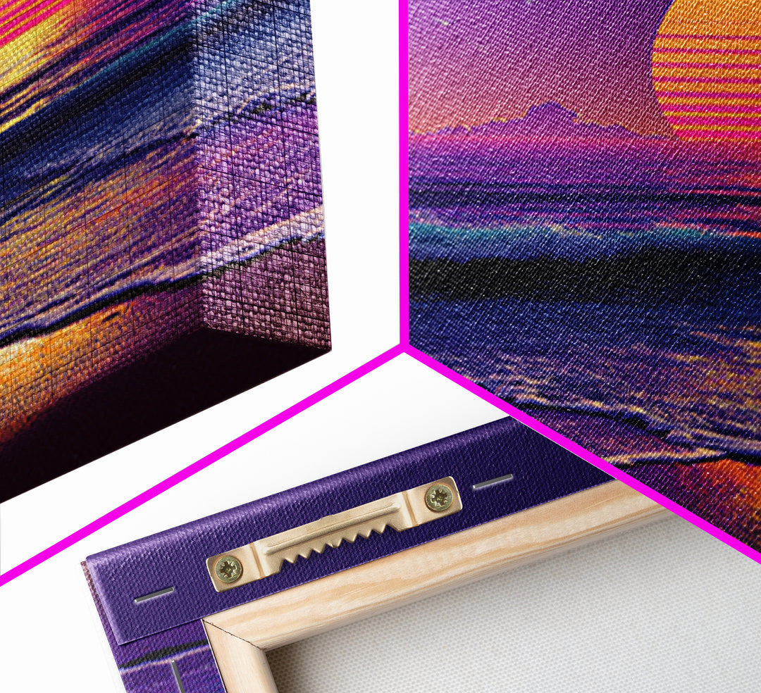 Neon Waves At Dusk Ocean Wall Art, Retro Sunset Beach Print, Vibrant Coastal Home Decor, Synthwave Seascape Living Room Wall Art
