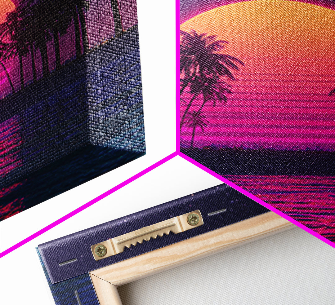 Neon Sunset Palm Tree Beach Canvas Print, Retro Wave Ocean Wall Art, Vibrant Coastal Home Decor, 80s Synthwave Bedroom Art