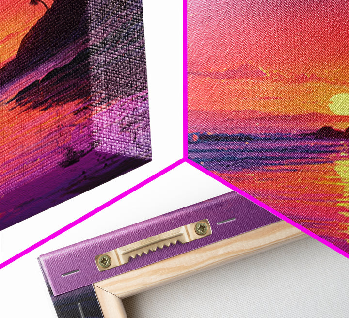 Tropical Sunset Beach Wall Art, Pink Orange Ocean Painting, Coastal Landscape Print, Modern Coastal Decor Framed Canvas Print