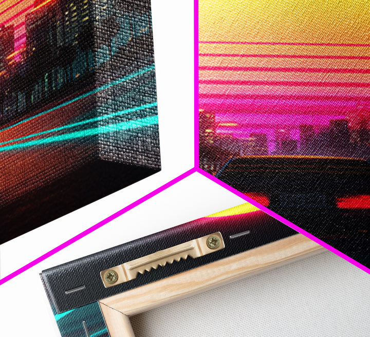 Retro Neon Car Driving Into Sunset Cityscape Wall Art Modern Abstract Framed Canvas Print Home Decor
