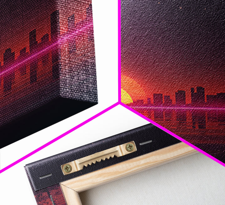 Neon City Skyline Sunset Over Water Retro Coastal Wall Art, Vibrant Nightscape Canvas Print For Modern Home Decor