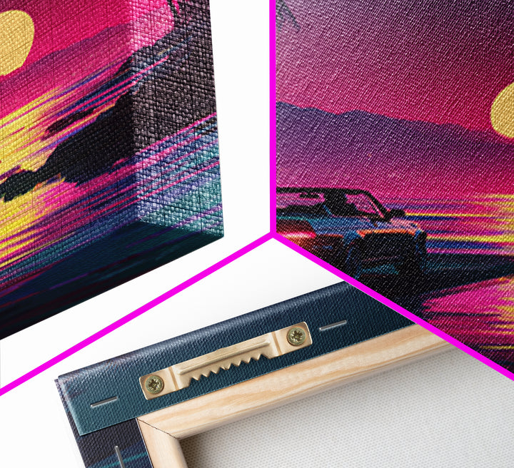 Retro Convertible Driving Into Neon Sunset Wall Art, 80s Aesthetic Beach Road Canvas Print, Vaporwave Room Decor