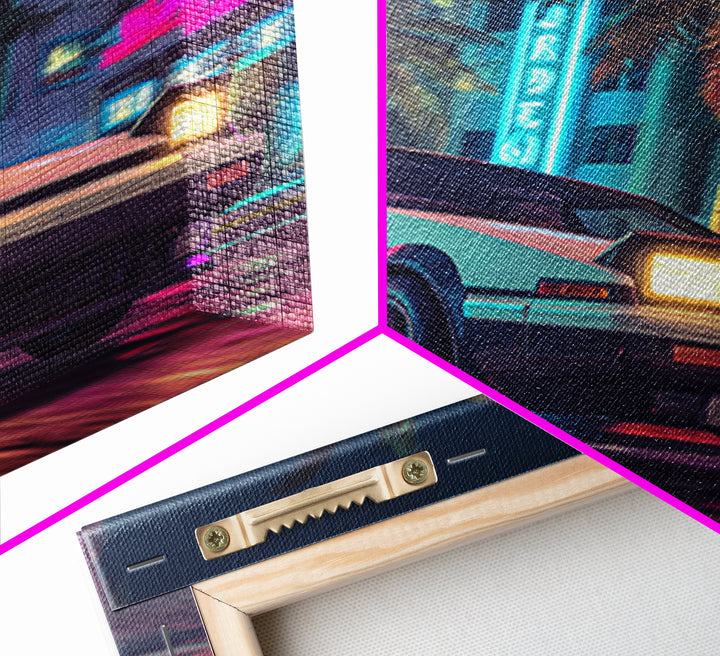 Retro Night City Car Wall Art, Neon Cyberpunk Street Canvas Print, Futuristic Cityscape Art, Gaming Room Decor Poster