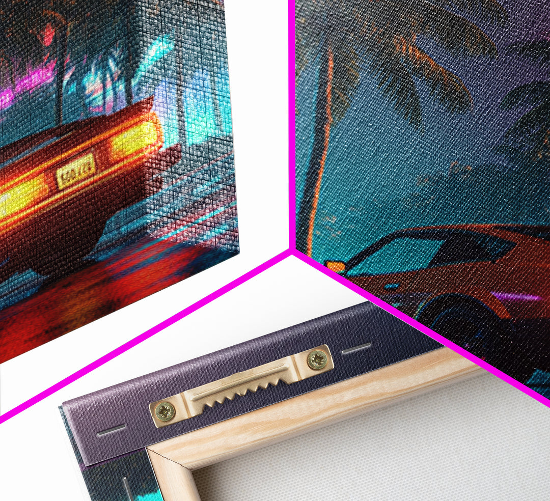 Retro Night Drive Wall Art, Neon Palm Street With Classic Car Canvas Print, Vaporwave Aesthetic Decor