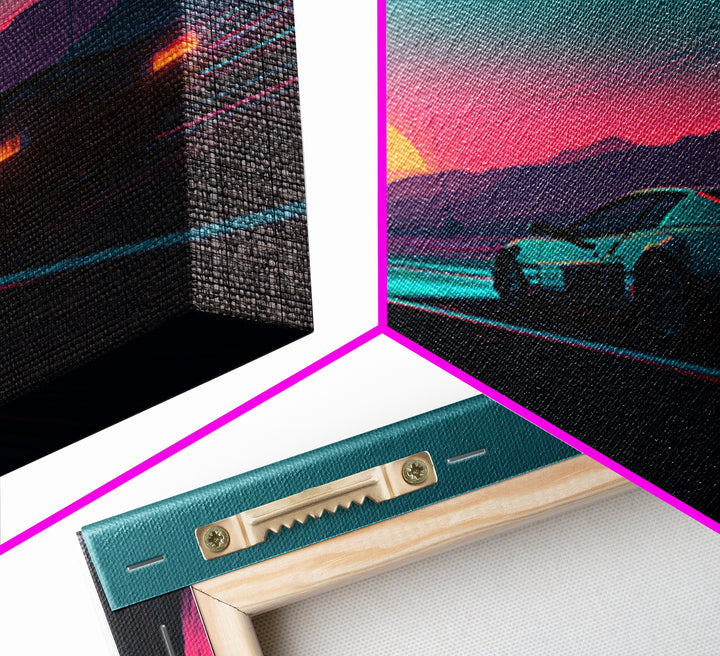 Retro Sports Car At Neon Sunset Highway Canvas Print, Vaporwave Wall Art, Cyberpunk Room Decor, Futuristic Landscape Poster