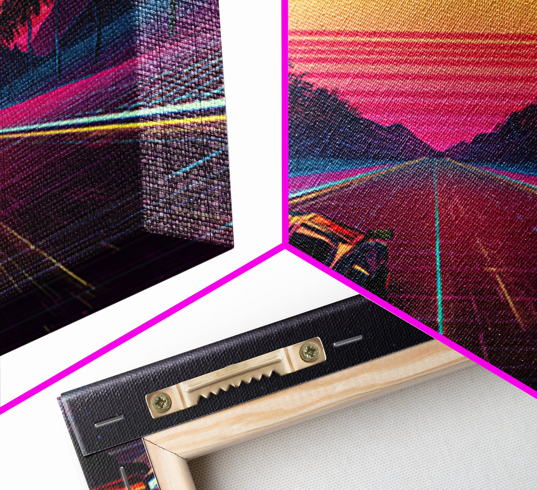Retro Synthwave Car Driving Into Neon Sunset Wall Art, 80s Vaporwave Palm Road Aesthetic Canvas Print