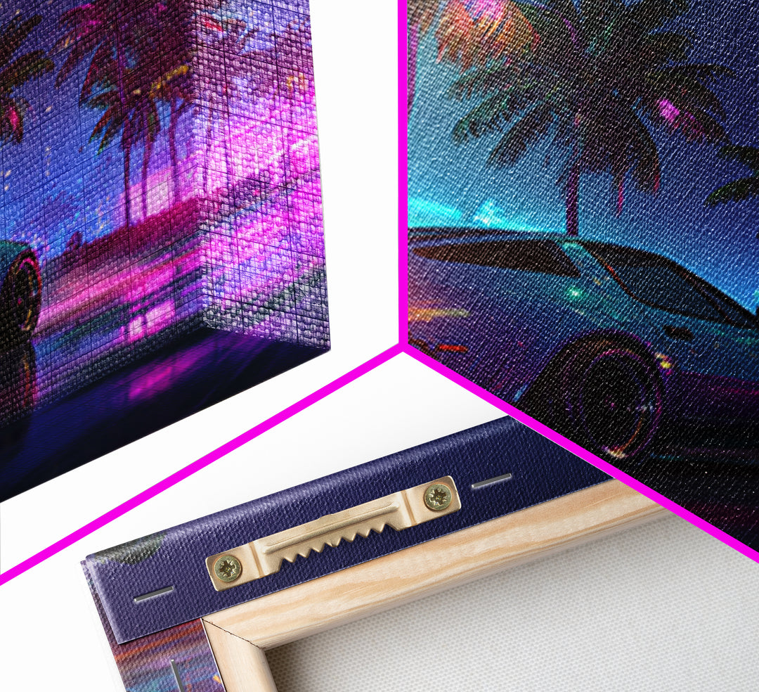Neon Sports Car Palm Tree Night Wall Art, Retro Coastal City Canvas Print, Cyberpunk Beach Aesthetic Room Decor