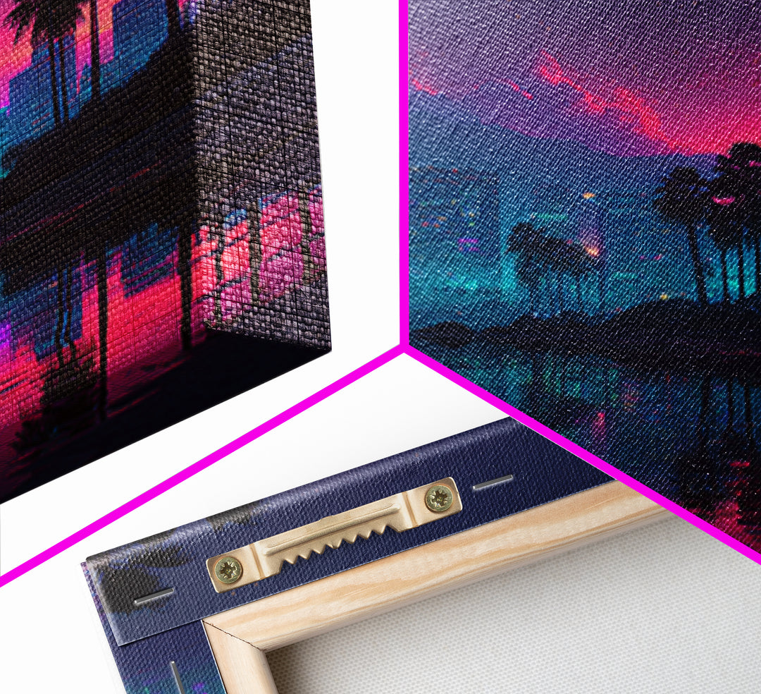 Neon City Beach Sunset Canvas Print, Retro Futuristic Coastal Wall Art, Vaporwave Room Decor Modern Living Room Wall Art