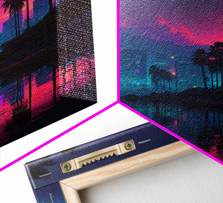 Neon City Beach Sunset Canvas Print, Retro Futuristic Coastal Wall Art, Vaporwave Room Decor Modern Living Room Wall Art