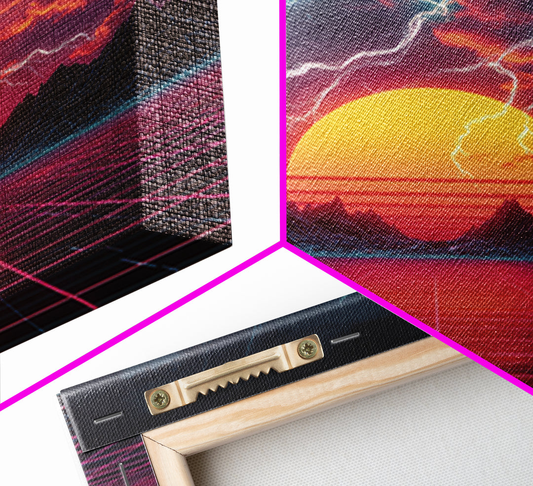 Retro Futuristic Sunset Lightning Landscape Wall Art Neon Grid Sci Fi Canvas Print Gaming Room Decor