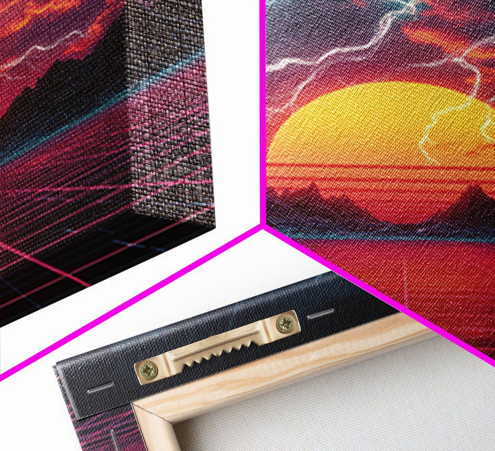 Retro Futuristic Sunset Lightning Landscape Wall Art Neon Grid Sci Fi Canvas Print Gaming Room Decor