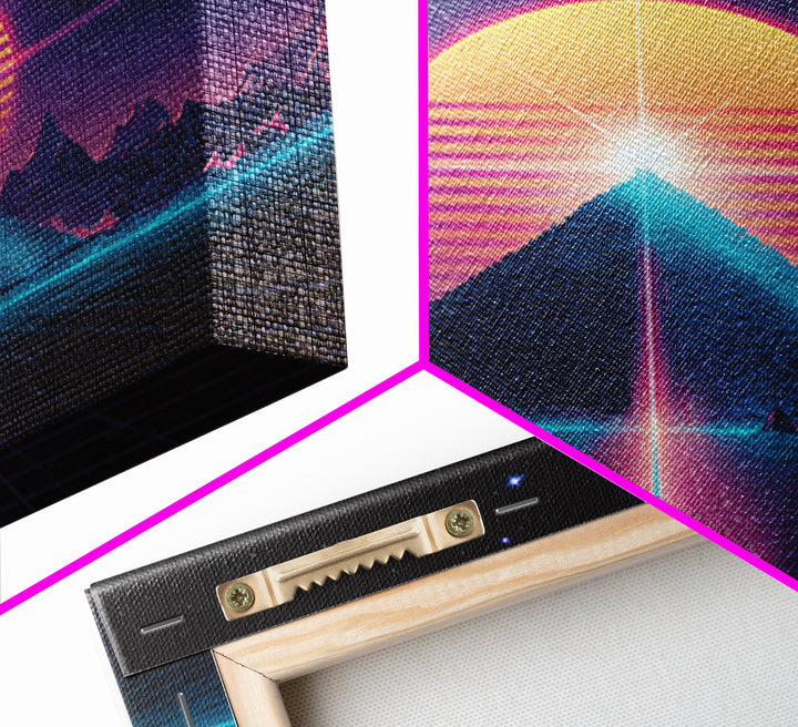 Retro Synthwave Pyramid And Sun Wall Art, Neon 80s Sci Fi Landscape, Vaporwave Gaming Room Decor, Framed Canvas Print