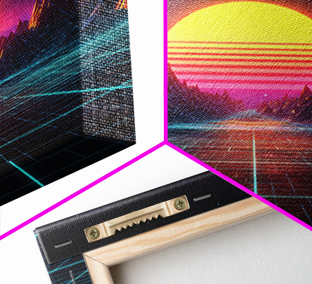 Retro Synthwave Sunset Landscape Canvas Print, Neon Cyberpunk Mountain Road Art, Gaming Room Decor Modern Wall Art
