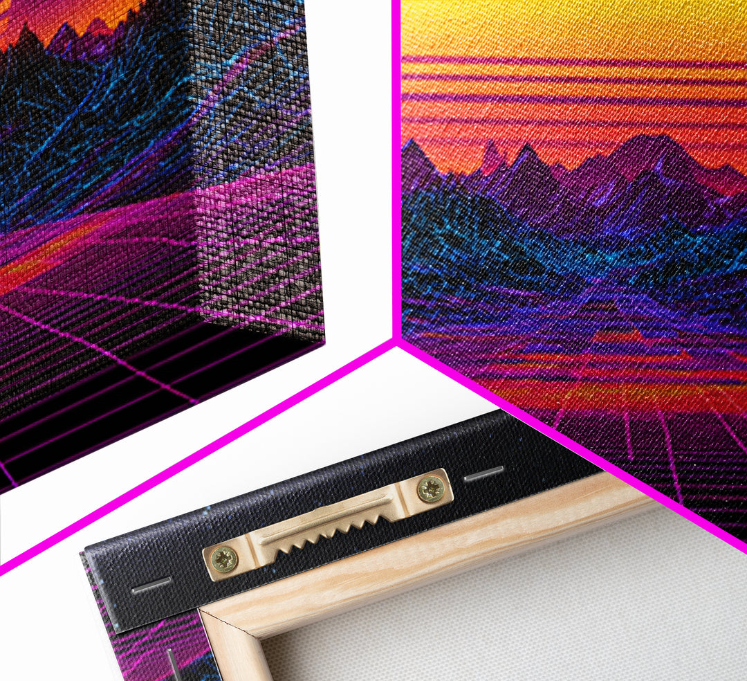 Retro Futuristic Neon Sunset Landscape Wall Art, Synthwave Mountains, 80s Vaporwave Canvas Print Home Decor