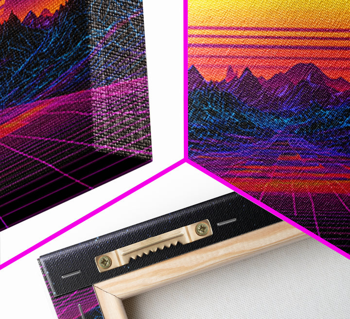 Retro Futuristic Neon Sunset Landscape Wall Art, Synthwave Mountains, 80s Vaporwave Canvas Print Home Decor