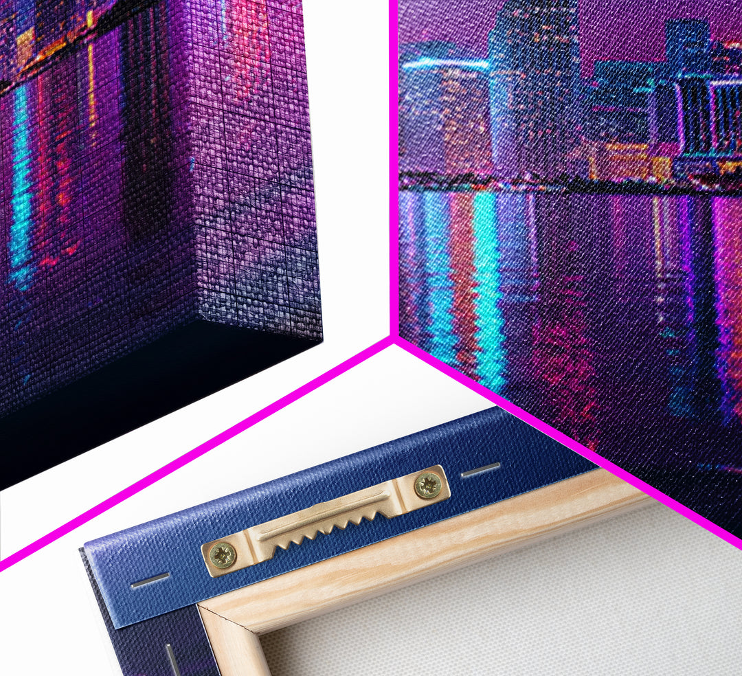 Neon City Skyline At Night Wall Art, Futuristic Urban Landscape Print, Cyberpunk Home Decor, Colorful Cityscape Canvas Print