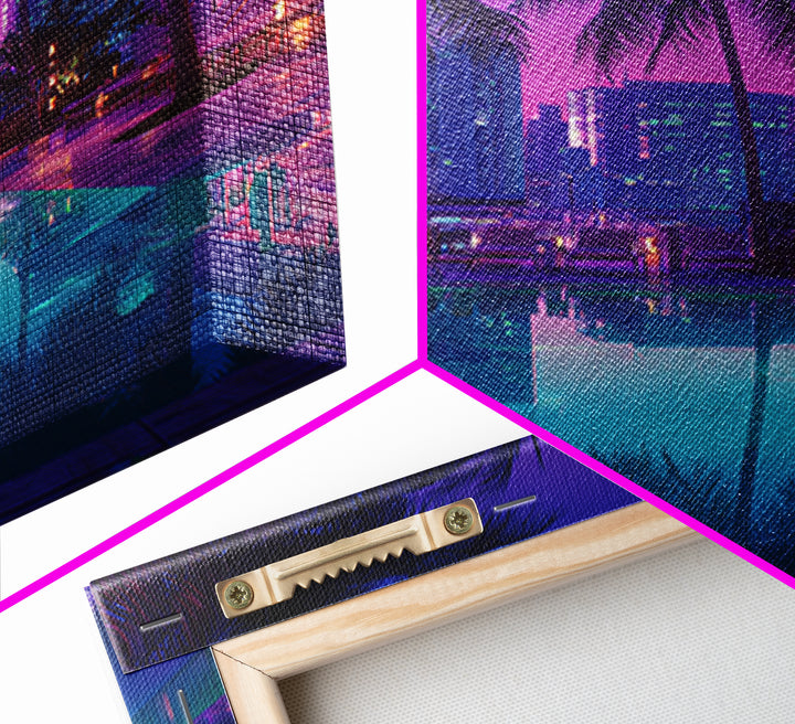 Neon City Rooftop Pool Nightscape Wall Art, Tropical Palm Skyline Print, Modern Urban Apartment Decor Wall Art