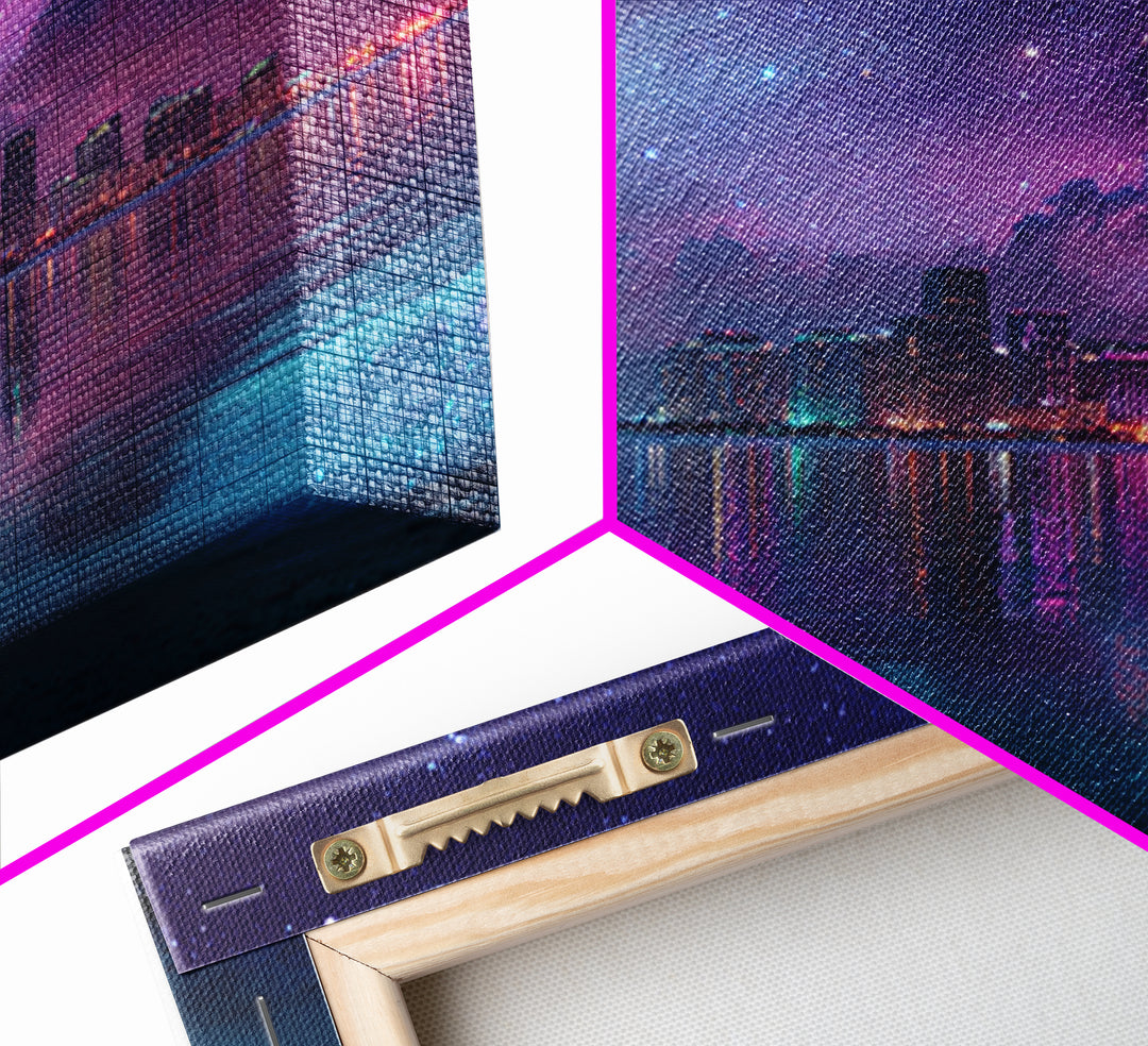 Neon City Skyline Under Starry Night Wall Art, Futuristic Coastal Canvas Print, Modern Apartment Decor
