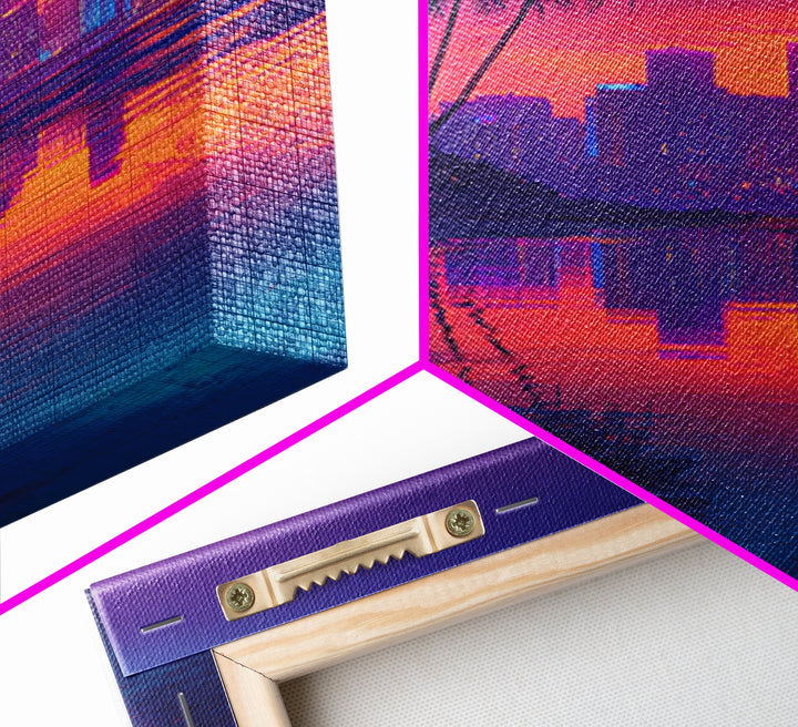 Neon Tropical City Sunset Beach Wall Art, Vibrant Coastal Canvas Print For Modern Living Room Decor And Dorm Aesthetic