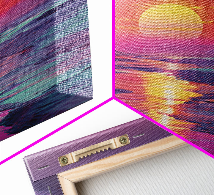 Neon Sunset Beach With Palm Trees Wall Art, Vibrant Coastal Ocean Art Print, Modern Home Decor Living Room Wall Art