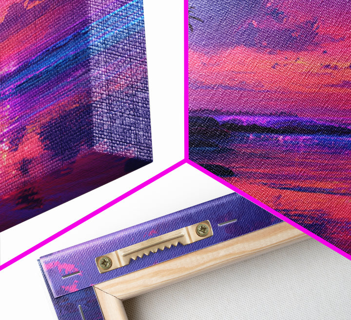 Vibrant Pink And Purple Tropical Seascape Wall Art, Palm Tree Sunset Ocean Landscape Canvas Print Decor
