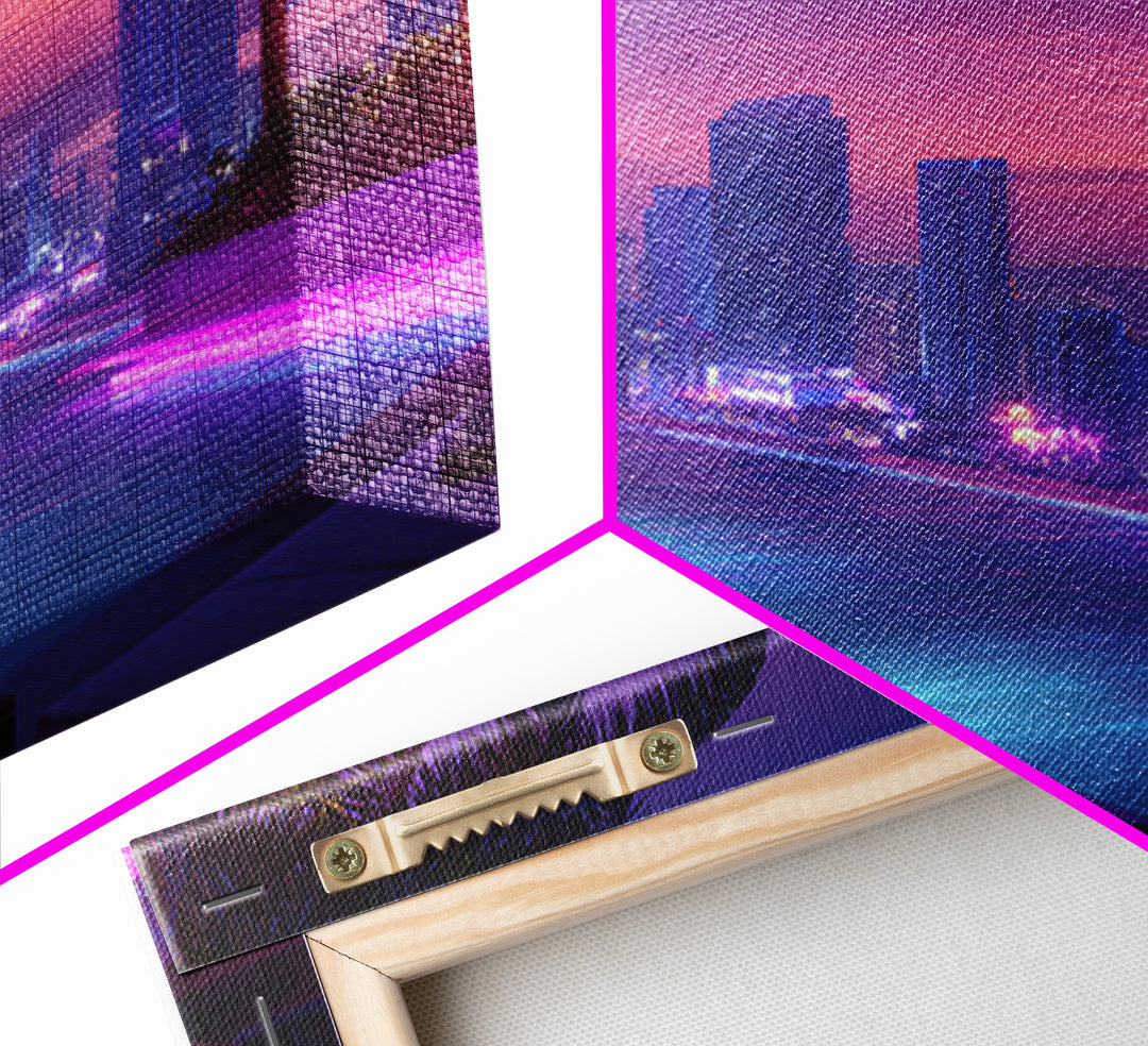 Neon City Rooftop Pool At Dusk Wall Art, Futuristic Skyline Canvas Print For Modern Apartment Decor And Gaming Room