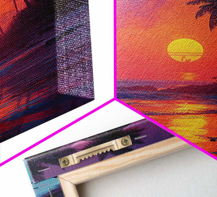 Vibrant Tropical Sunset Beach Wall Art, Colorful Palm Tree Ocean Canvas Print, Coastal Decor, Relaxing Summer Seascape