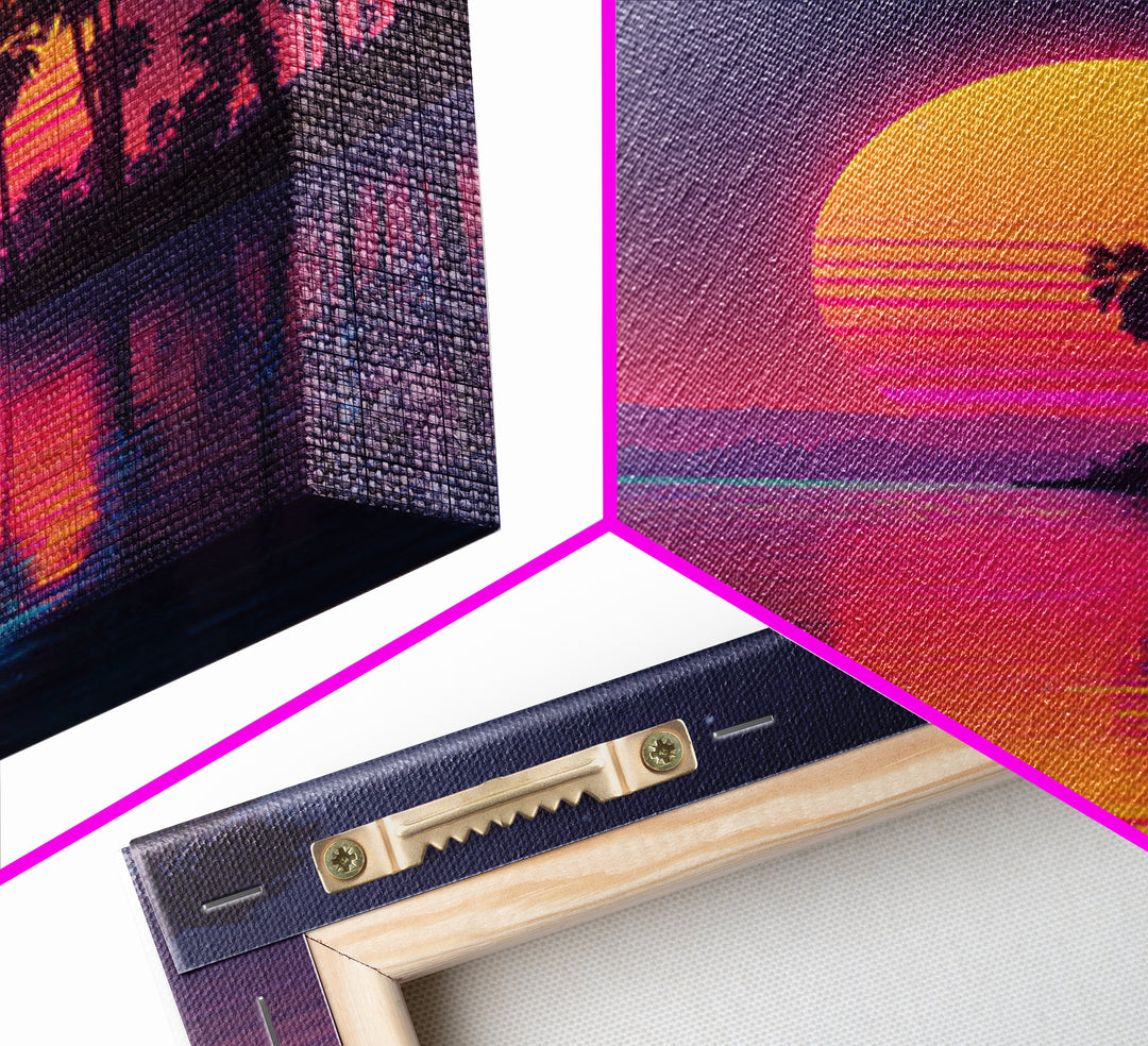 Neon Palm Tree Sunset Over Tropical Beach Wall Art, Retro Coastal Home Decor, Modern Landscape Art Print, Living Room Decor