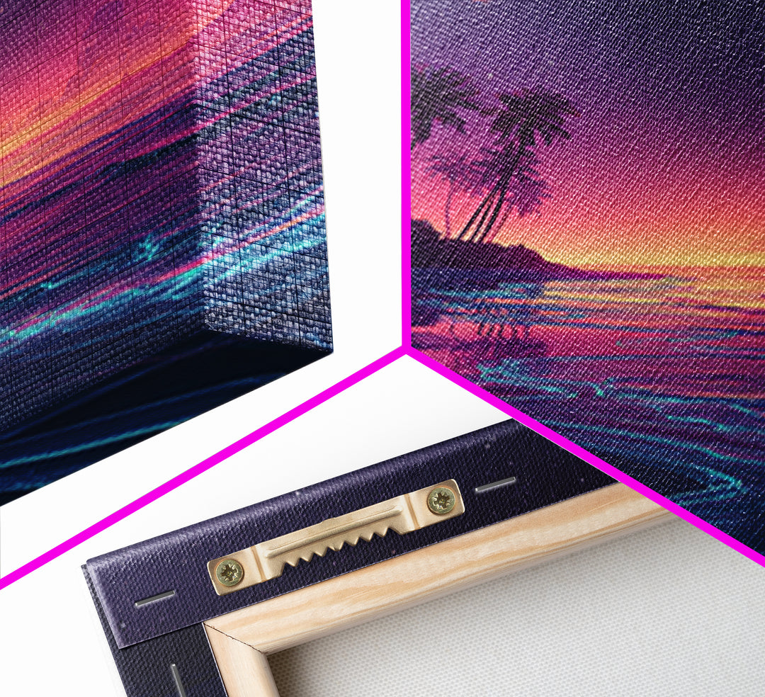 Neon Night Beach With Palm Trees Canvas Print, Dreamy Coastal Ocean Wall Art, Retro Tropical Bedroom And Living Room Decor