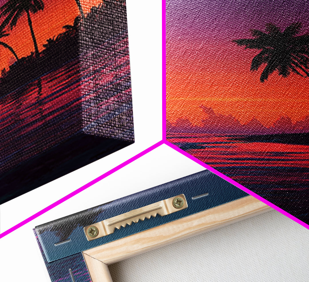 Neon Tropical Sunset Beach With Palm Trees Canvas Print, Coastal Wall Art, Colorful Ocean Art, Modern Home Decor Living Room