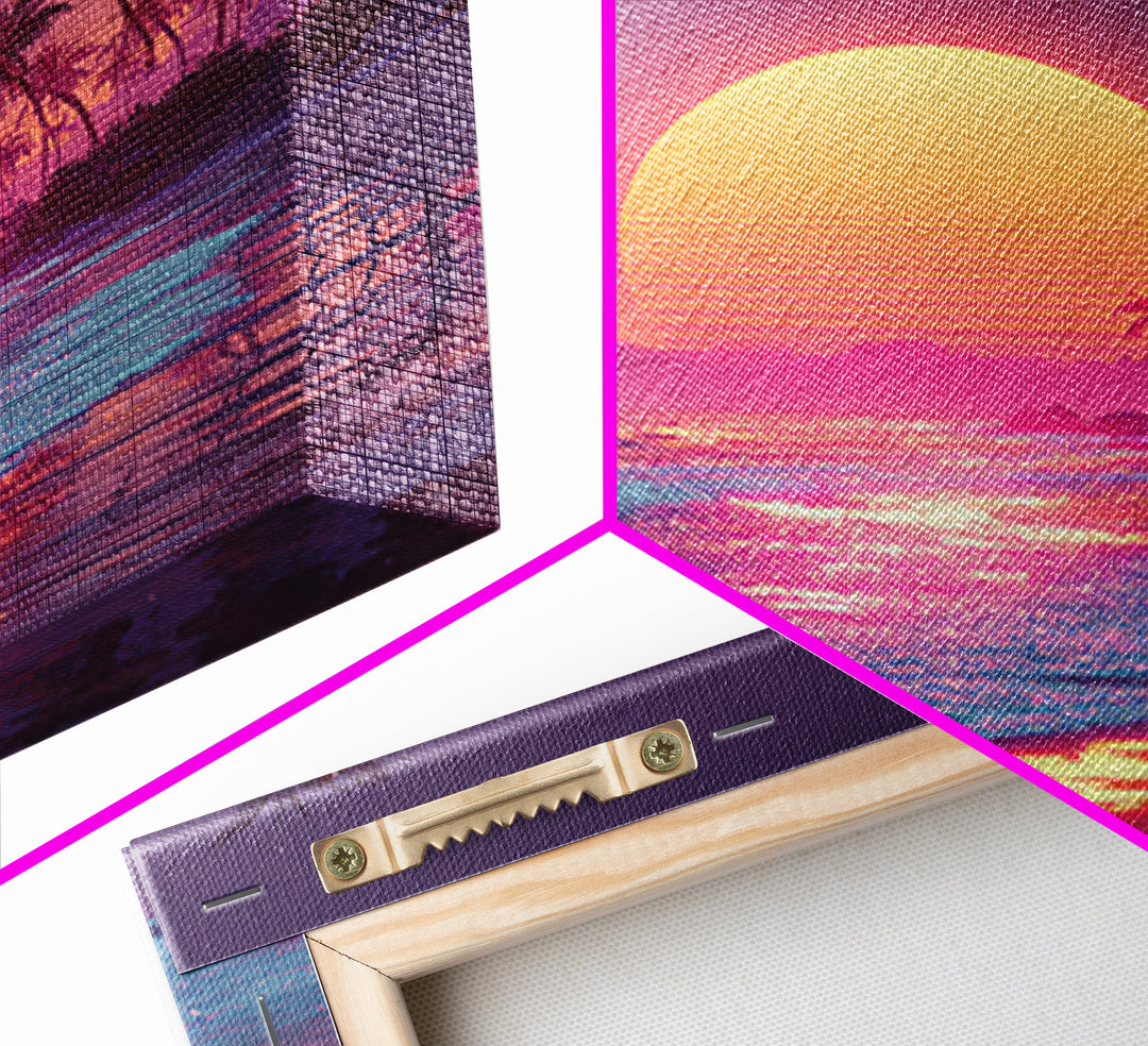 Pink Neon Beach Sunset Wall Art, Dreamy Vaporwave Ocean Canvas Print, Retro Coastal Landscape Art For Bedroom Or Living Room Decor