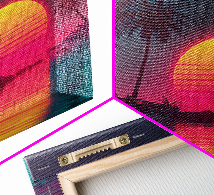 Neon Tropical Palm Trees And Retro Sunset Beach Wall Art, Vaporwave Coastal Canvas Print, Aesthetic Room Decor
