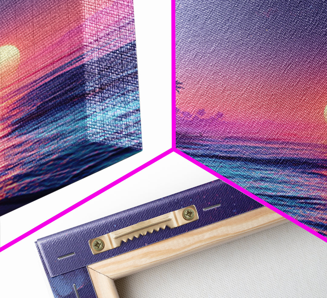 Tropical Neon Sunset Beach Wall Art, Palm Tree Coastal Landscape Print, Colorful Summer Home Decor Canvas Print