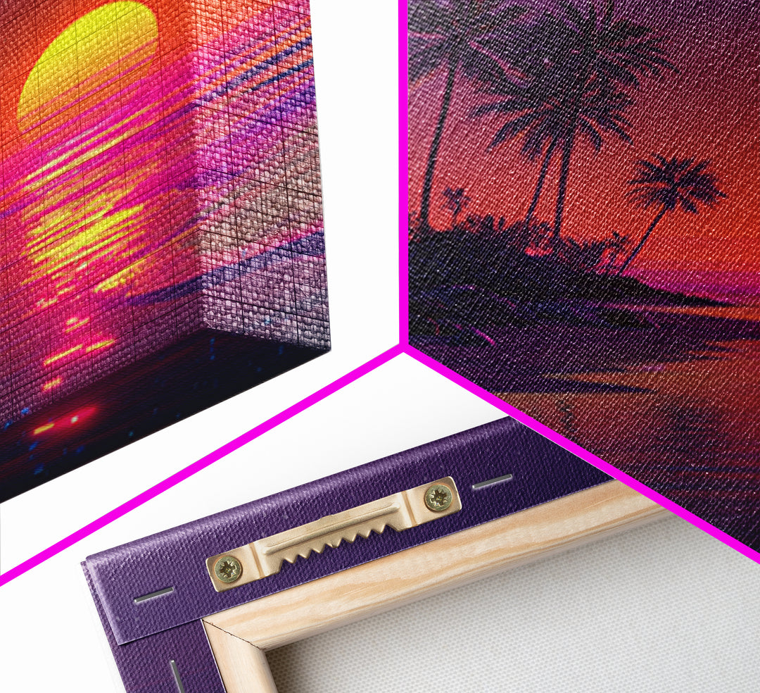 Neon Tropical Sunset Beach Wall Art, Retro Coastal Canvas Print, Summer Ocean Decor, Vibrant Modern Coastal Wall Art