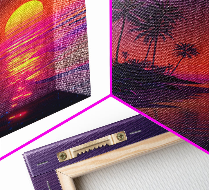 Neon Tropical Sunset Beach Wall Art, Retro Coastal Canvas Print, Summer Ocean Decor, Vibrant Modern Coastal Wall Art