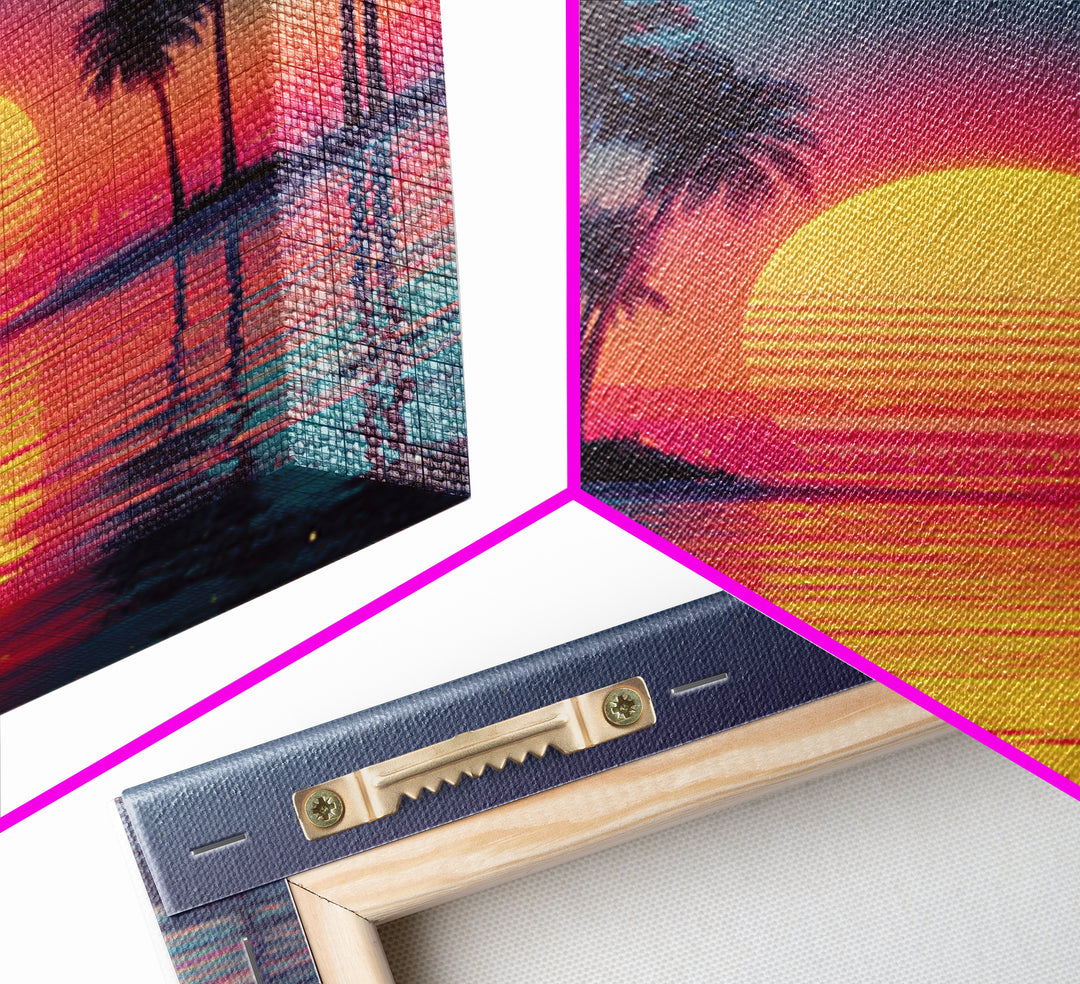 Dreamy Neon Palm Tree Sunset Beach Wall Art, Retro Coastal Landscape, Vibrant Summer Canvas Print Decor