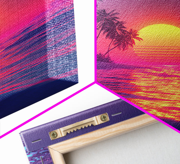 Neon Pink Beach Sunset Wall Art, Tropical Palm Tree Ocean Horizon Canvas Print, Coastal Summer Decor, Vibrant Seascape