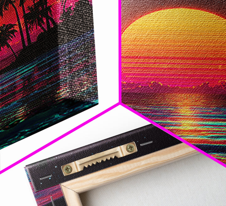 Neon Tropical Sunset Beach With Palm Trees Wall Art, Retro Coastal Print, Vibrant Summer Home Decor, Modern Canvas Print