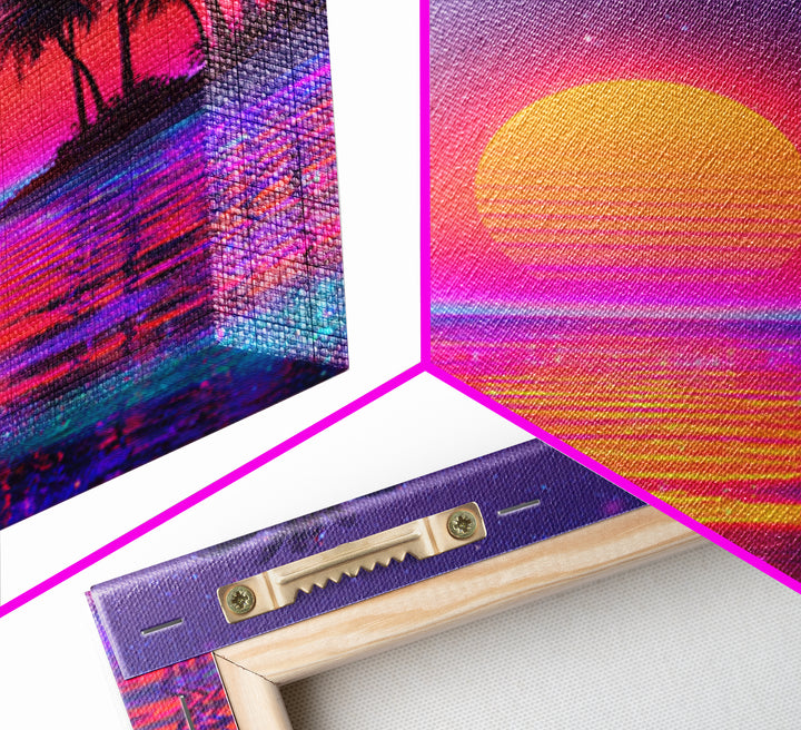 Vibrant Neon Tropical Sunset Beach Wall Art, Retro Wave Palm Landscape Canvas Print, Colorful Coastal Room Decor