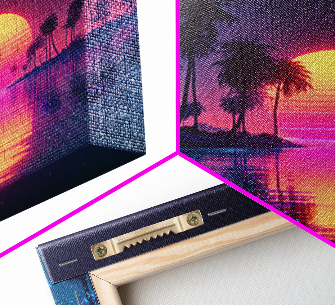 Sparkling Lagoon Neon Sunset With Palm Trees Wall Art, Retro Tropical Home Decor, Colorful Coastal Canvas Print