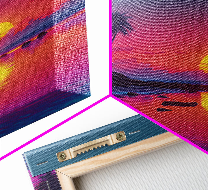 Neon Tropical Sunset Beach Wall Art, Vibrant Coastal Landscape Art Print, Modern Coastal Decor Canvas Print For Living Room