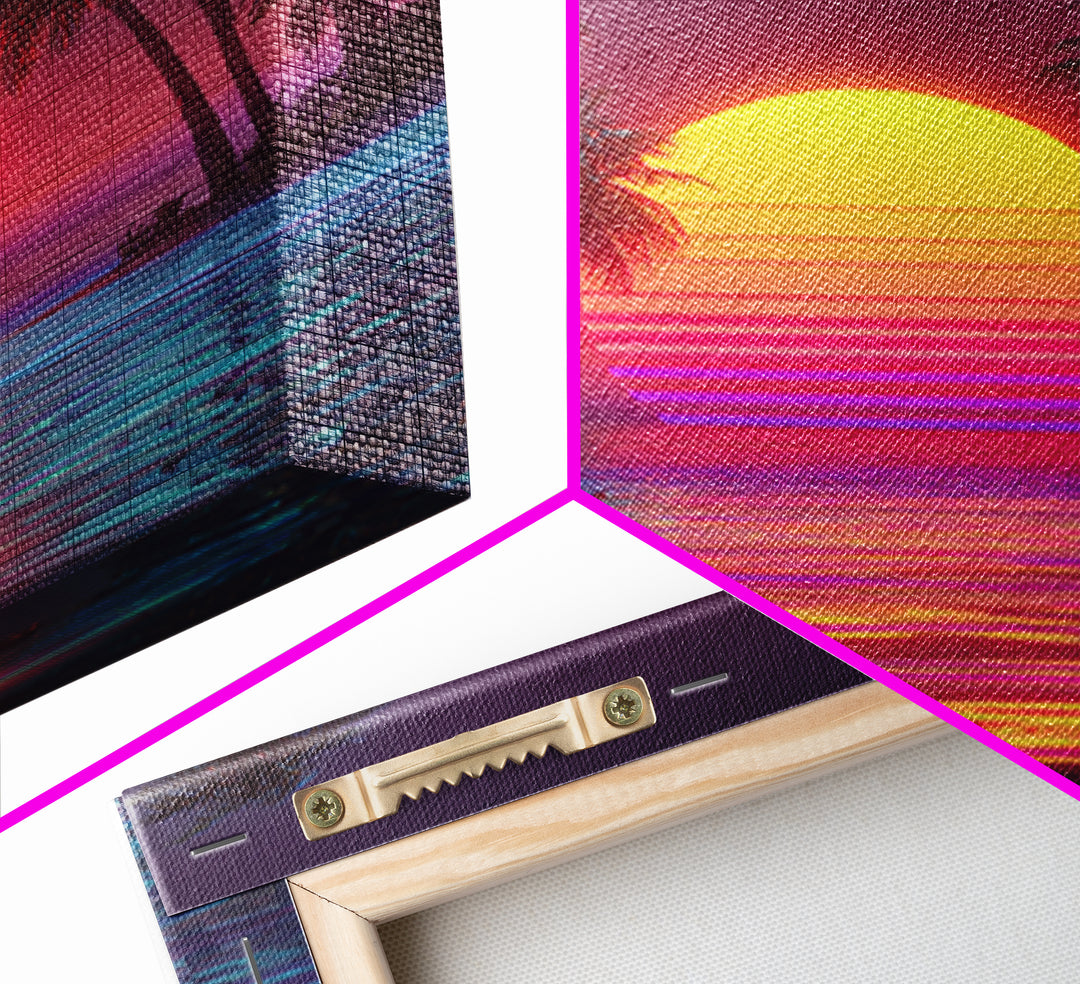 Vaporwave Tropical Sunset Beach Wall Art Canvas Print, Neon Coastal Landscape For Gaming Room And Modern Home Decor