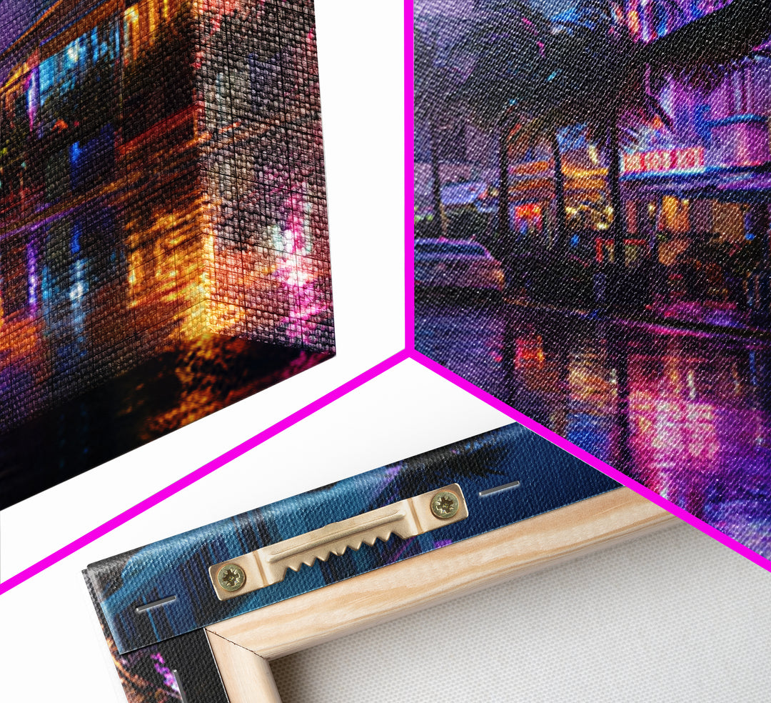 Neon Rainy City Street At Night Wall Art, Colorful Modern Urban Photography Print, Living Room Decor, Large Canvas Print