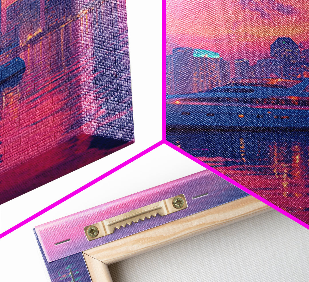 Luxury Yacht City Skyline At Sunset Wall Art, Modern Coastal Cityscape Canvas Print, Pink Sky Nautical Decor For Office Or Living Room