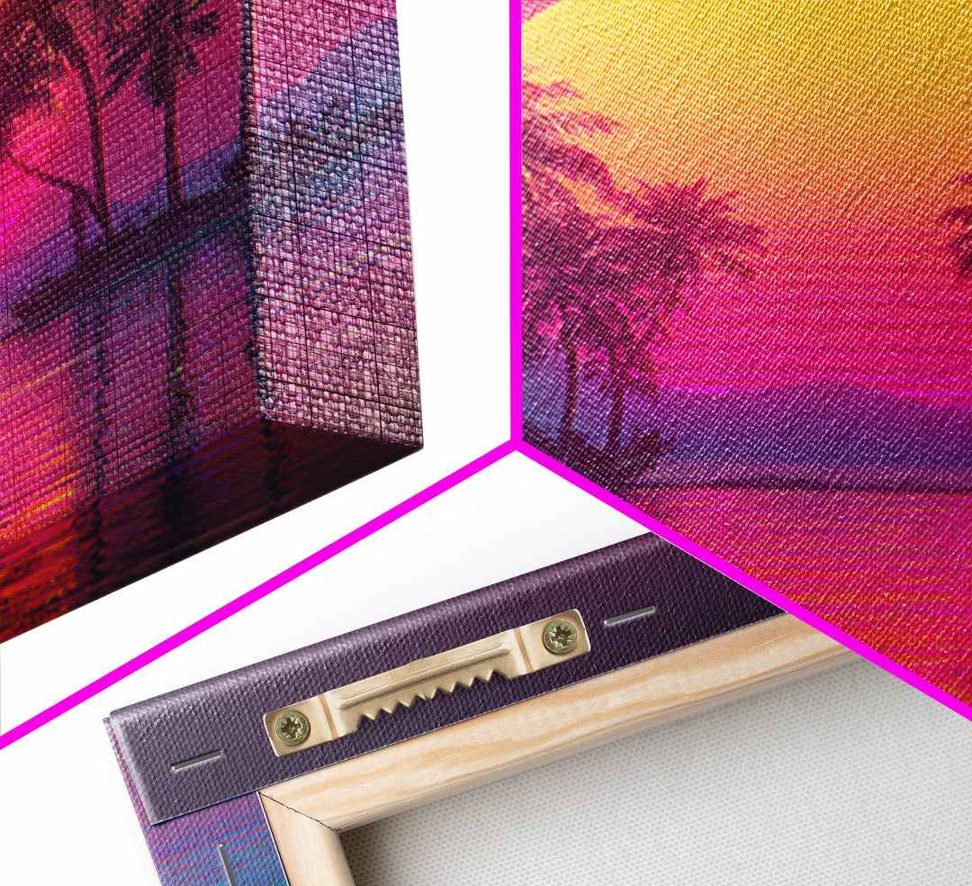 Neon Tropical Island Sunset Wall Art, Retro Synthwave Beach Landscape, Vibrant Coastal Decor, Modern Living Room Canvas Print