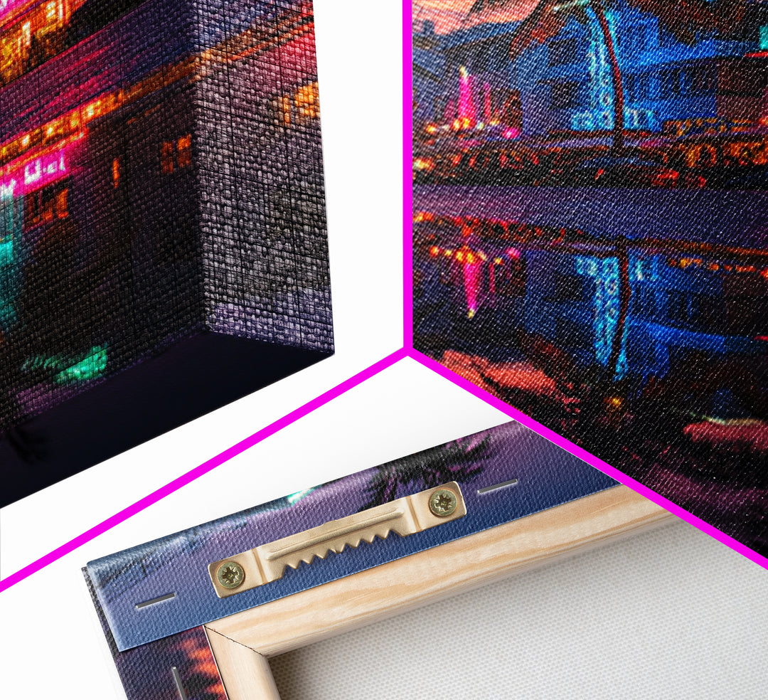 Miami Neon Night Cityscape Wall Art, Colorful South Beach Photography Print, Modern Urban Wall Decor Framed Canvas Print